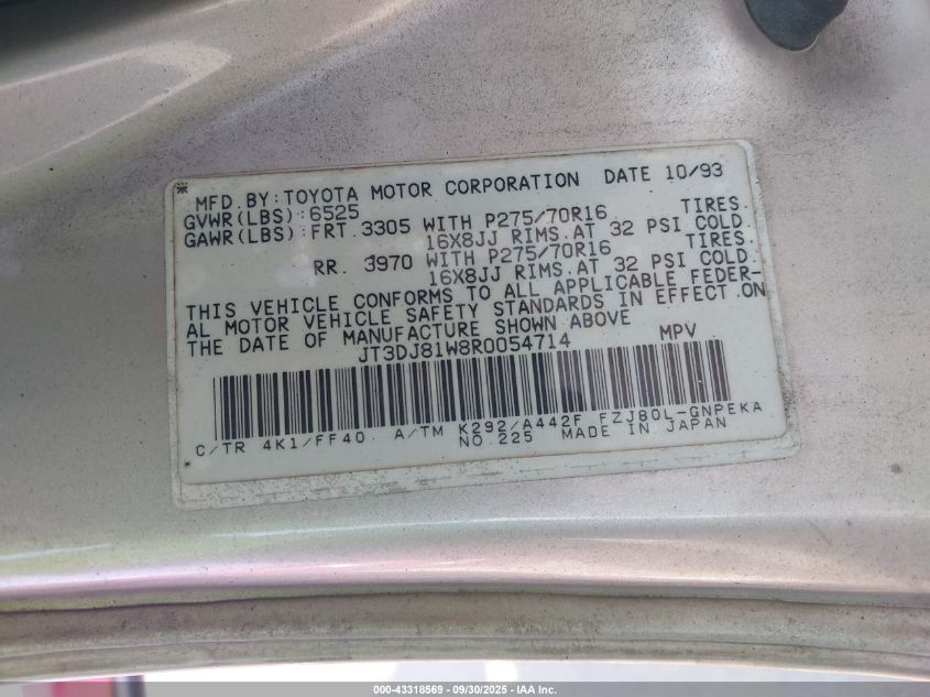 1994 Toyota Land Cruiser Dj81 VIN: JT3DJ81W8R0054714 Lot: 43318569