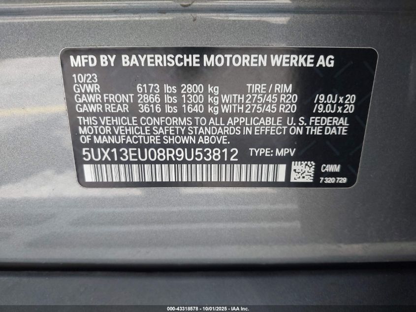 2024 BMW X5 Sdrive40I VIN: 5UX13EU08R9U53812 Lot: 43318578