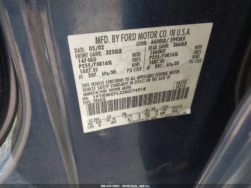 2002 Ford F-150 Lariat/Xlt VIN: 1FTRW07L32KD74518 Lot: 43318583