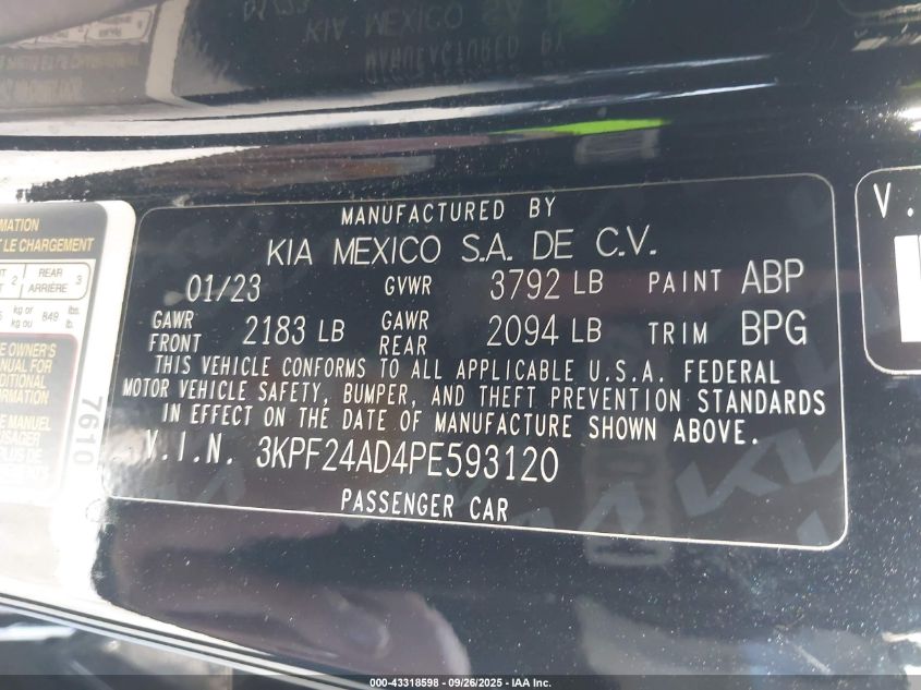 2023 Kia Forte Lxs VIN: 3KPF24AD4PE593120 Lot: 43318598