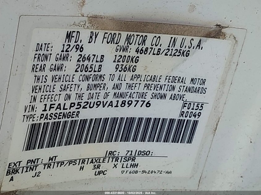 1997 Ford Taurus Gl VIN: 1FALP52U9VA189776 Lot: 43318600