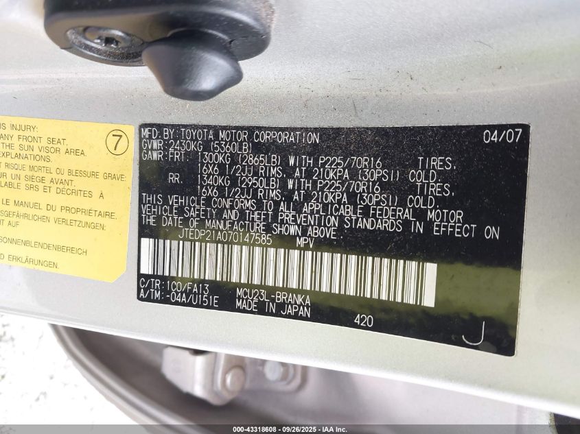 2007 Toyota Highlander V6 VIN: JTEDP21A070147585 Lot: 43318608