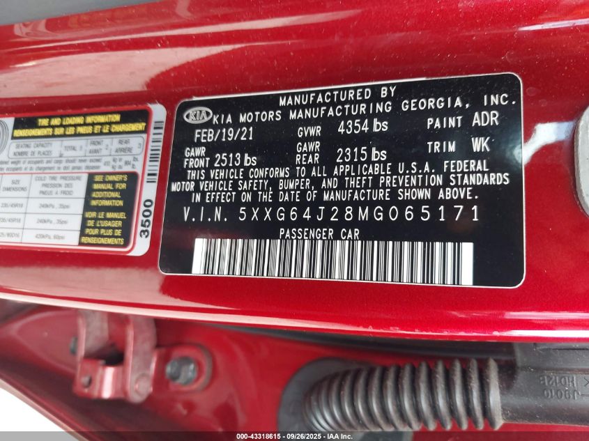 2021 Kia K5 Gt-Line VIN: 5XXG64J28MG065171 Lot: 43318615