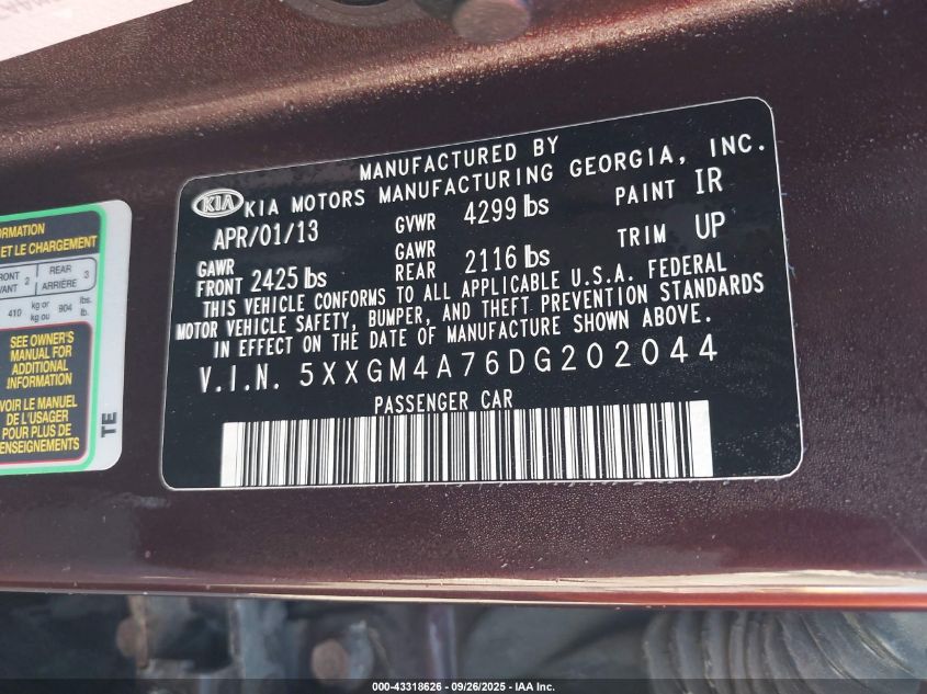 2013 Kia Optima Lx VIN: 5XXGM4A76DG202044 Lot: 43318626