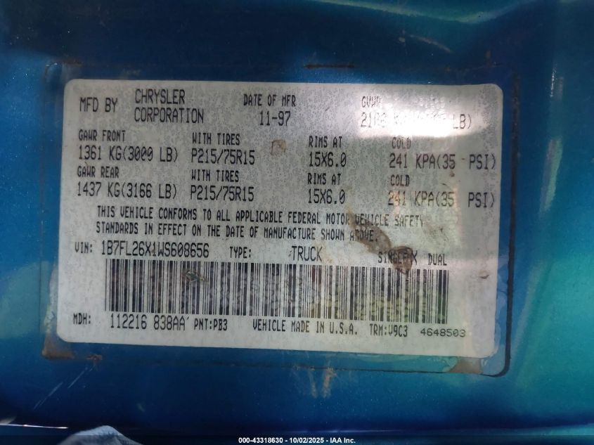 1998 Dodge Dakota Slt/Sport VIN: 1B7FL26X1WS608656 Lot: 43318630