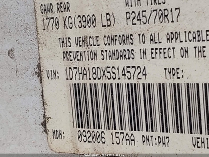 2005 Dodge Ram 1500 Slt/Laramie VIN: 1D7HA18DX5S145724 Lot: 43318632