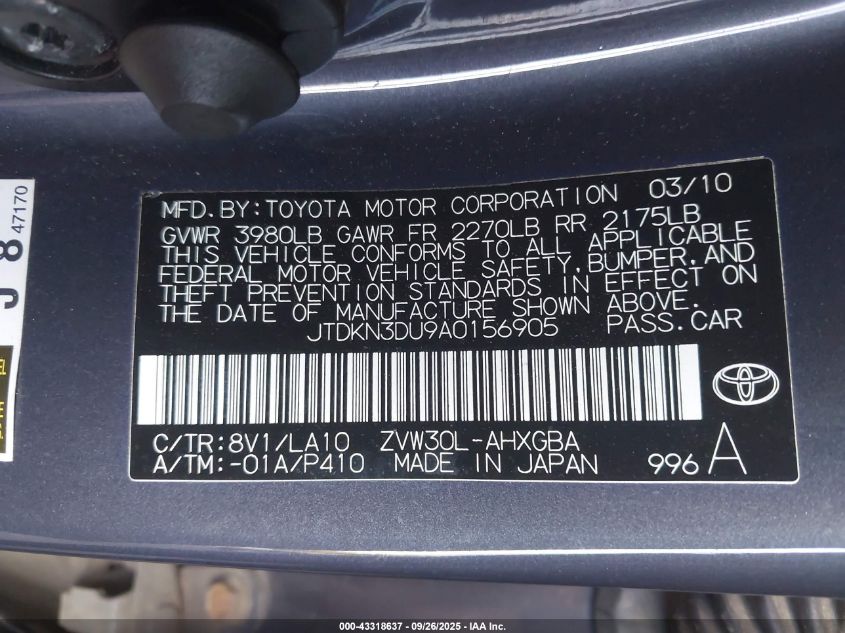 2010 Toyota Prius Iv VIN: JTDKN3DU9A0156905 Lot: 43318637