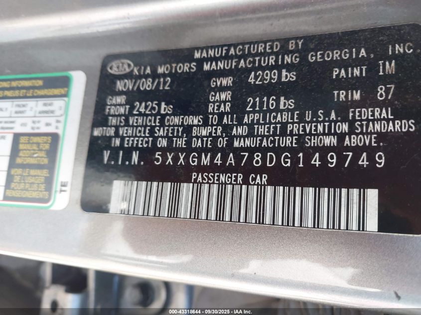 2013 Kia Optima Lx VIN: 5XXGM4A78DG149749 Lot: 43318644