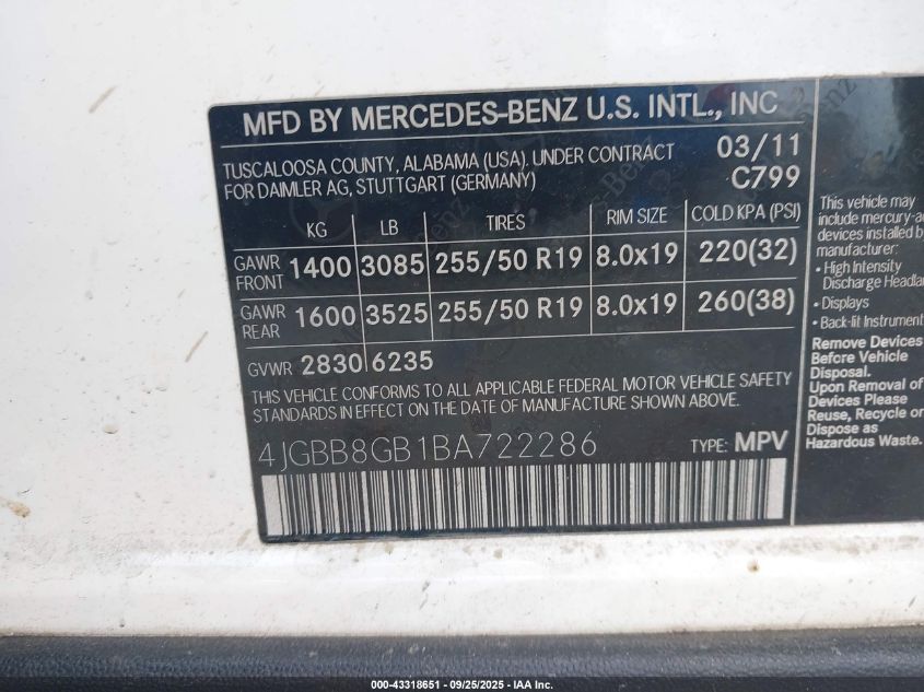 2011 Mercedes-Benz Ml 350 4Matic VIN: 4JGBB8GB1BA722286 Lot: 43318651