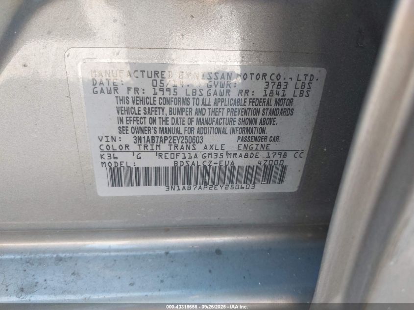 2014 Nissan Sentra S VIN: 3N1AB7AP2EY250603 Lot: 43318658