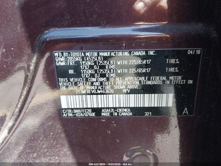 2018 Toyota Rav4 Xle VIN: 2T3WFREV0JW463626 Lot: 43318659