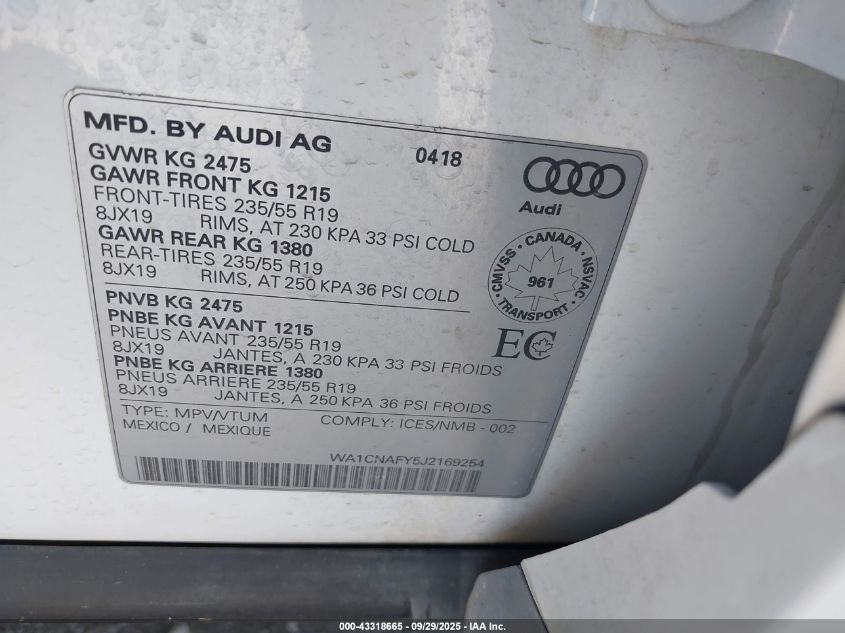 2018 Audi Q5 2.0T Premium/2.0T Tech Premium VIN: WA1CNAFY5J2169254 Lot: 43318665