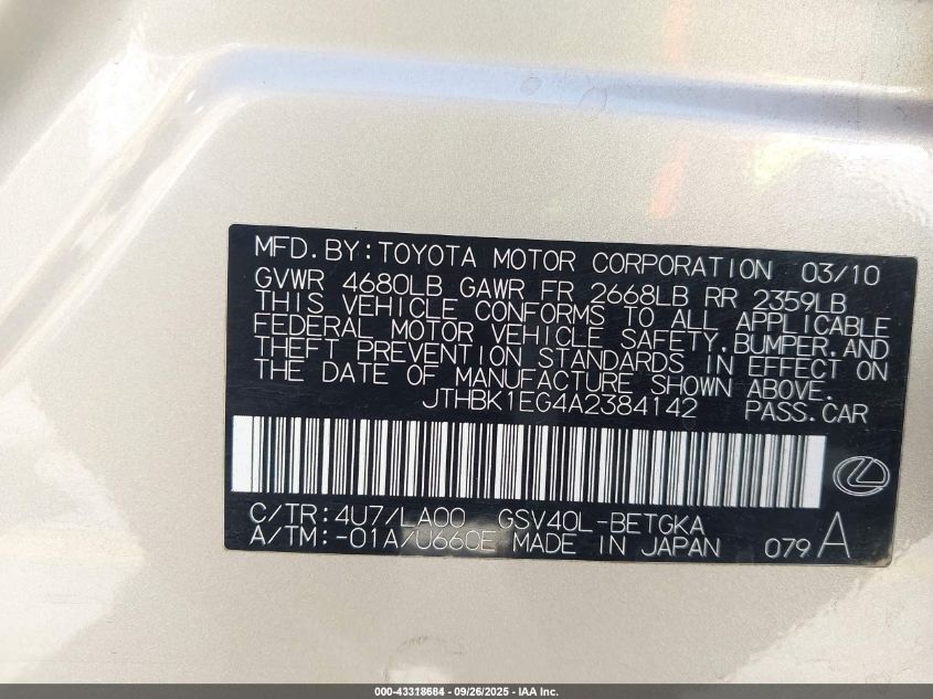 2010 Lexus Es 350 VIN: JTHBK1EG4A2384142 Lot: 43318684