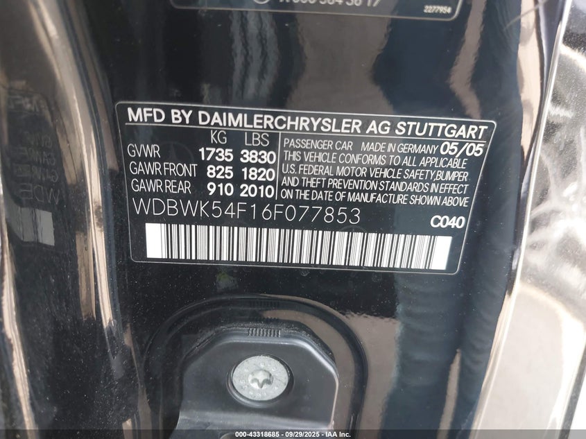 2006 Mercedes-Benz Slk 280 VIN: WDBWK54F16F077853 Lot: 43318685