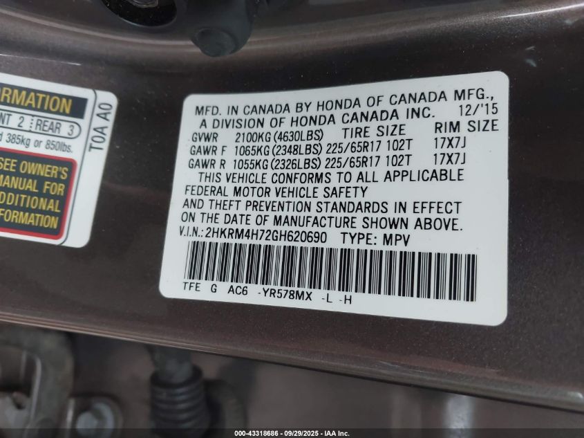 2016 Honda Cr-V Ex-L VIN: 2HKRM4H72GH620690 Lot: 43318686