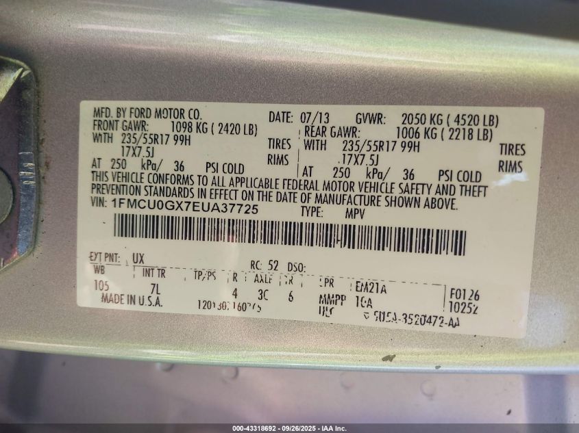 2014 Ford Escape Se VIN: 1FMCU0GX7EUA37725 Lot: 43318692