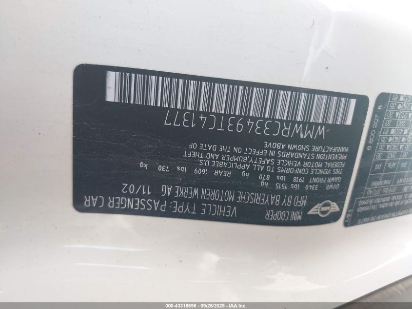 2003 Mini Cooper VIN: WMRWRC33493TC4137 Lot: 43318696