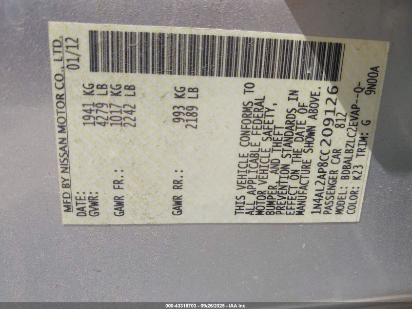 2012 Nissan Altima 2.5 S VIN: 1N4AL2AP8CC209126 Lot: 43318703