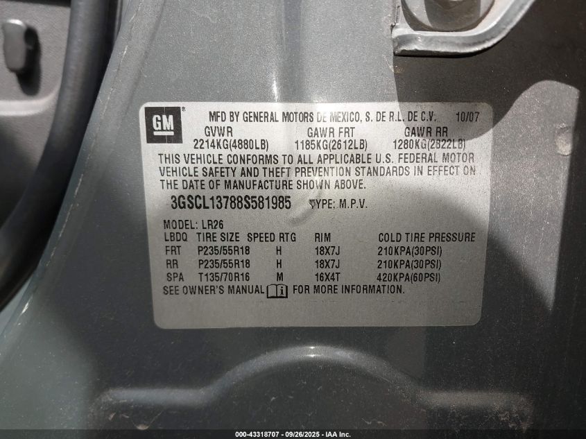 2008 Saturn Vue Red Line VIN: 3GSCL13788S581985 Lot: 43318707