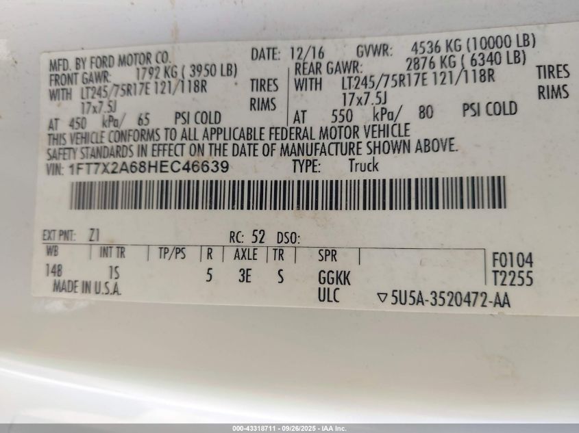 2017 Ford F-250 Xl VIN: 1FT7X2A68HEC46639 Lot: 43318711