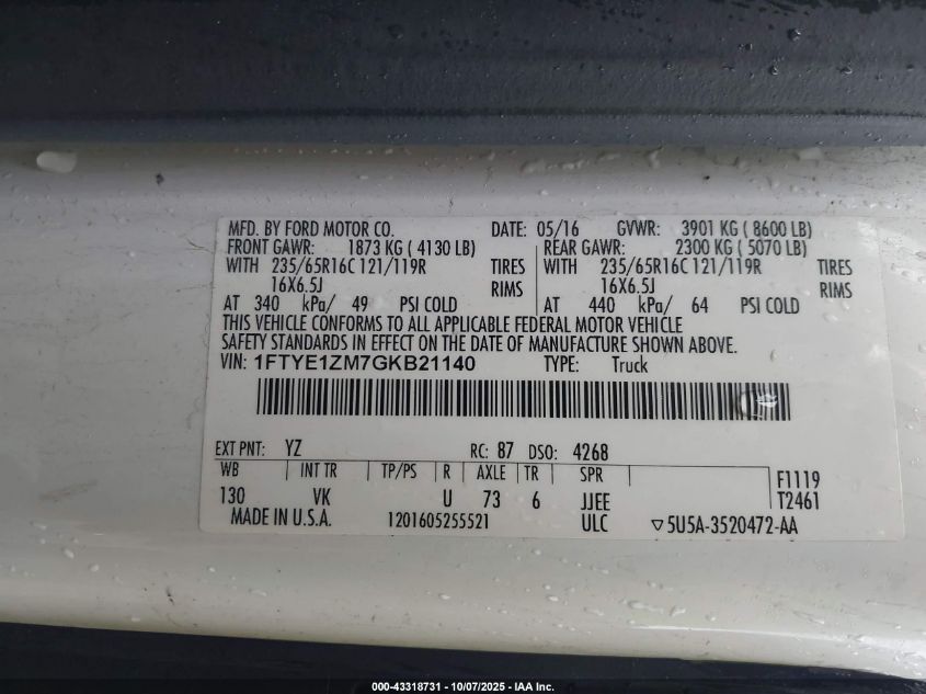 2016 Ford Transit-150 VIN: 1FTYE1ZM7GKB21140 Lot: 43318731