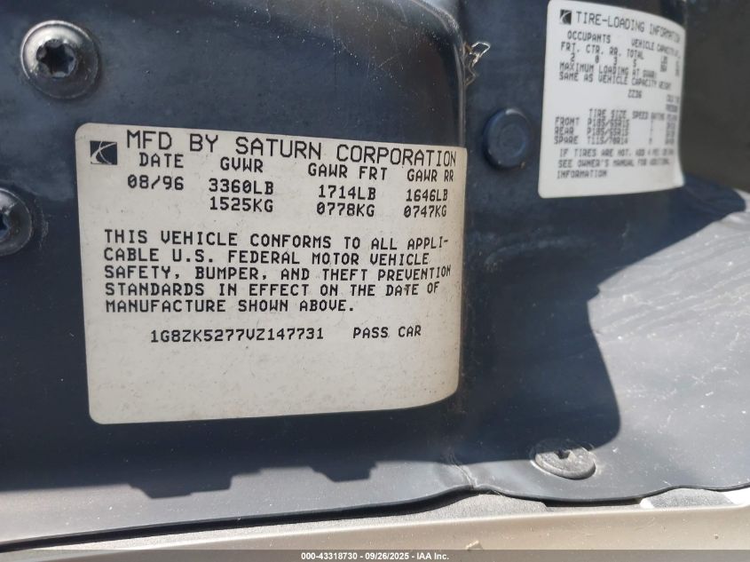 1997 Saturn Sl Sl2 VIN: 1G8ZK5277VZ147731 Lot: 43318730
