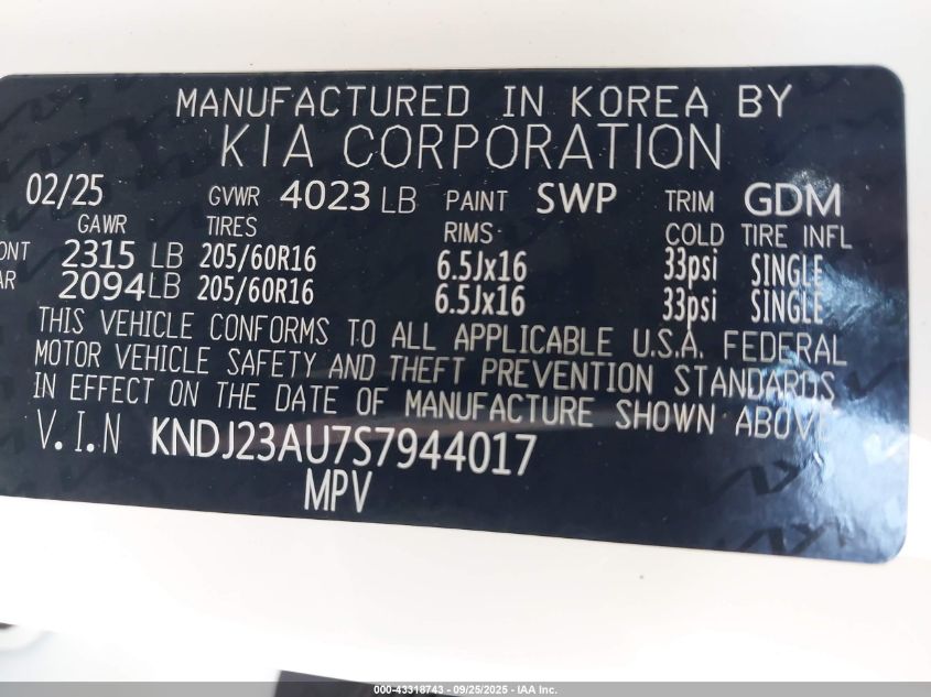 2025 Kia Soul Lx VIN: KNDJ23AU7S7944017 Lot: 43318743