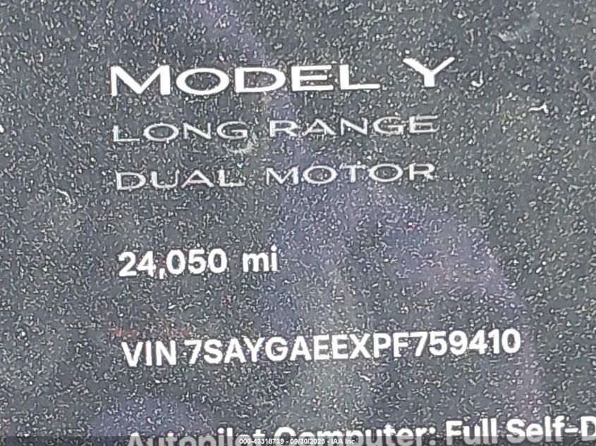 2023 Tesla Model Y Awd/Long Range Dual Motor All-Wheel Drive VIN: 7SAYGAEEXPF759410 Lot: 43318739
