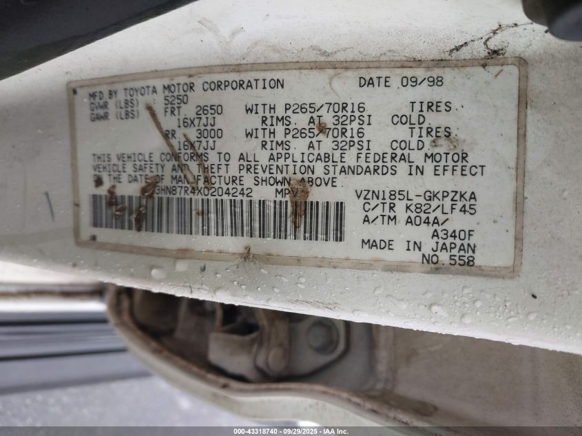 1999 Toyota 4Runner Limited V6 VIN: JT3HN87R4X0204242 Lot: 43318740