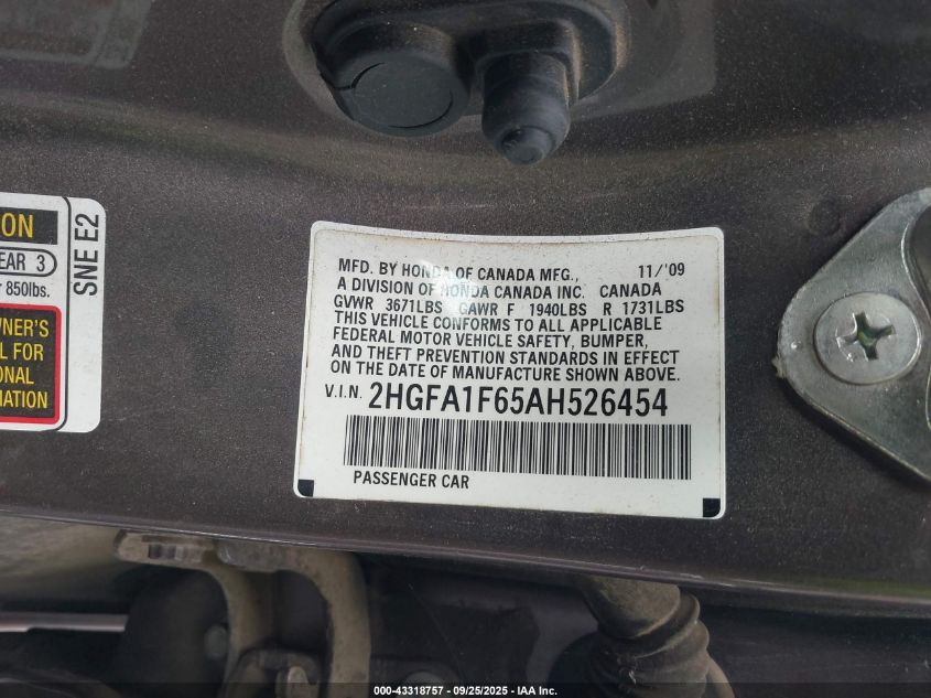 2010 Honda Civic Lx-S VIN: 2HGFA1F65AH526454 Lot: 43318757