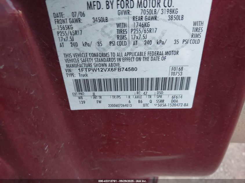 2006 Ford F-150 Lariat/Xlt VIN: 1FTPW12VX6FB74580 Lot: 43318761