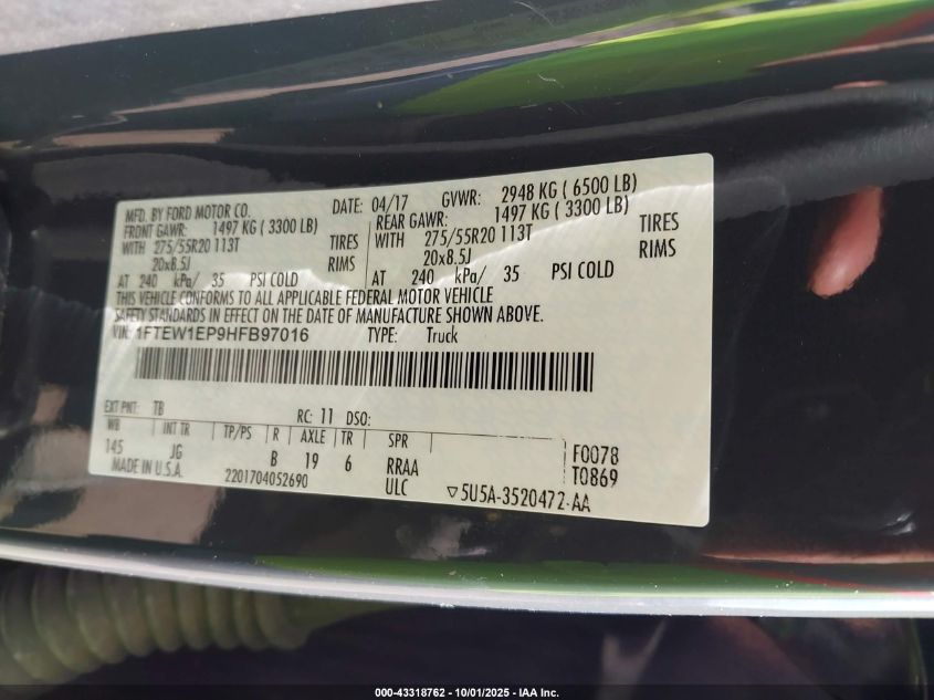 2017 Ford F-150 Xl VIN: 1FTEW1EP9HFB97016 Lot: 43318762