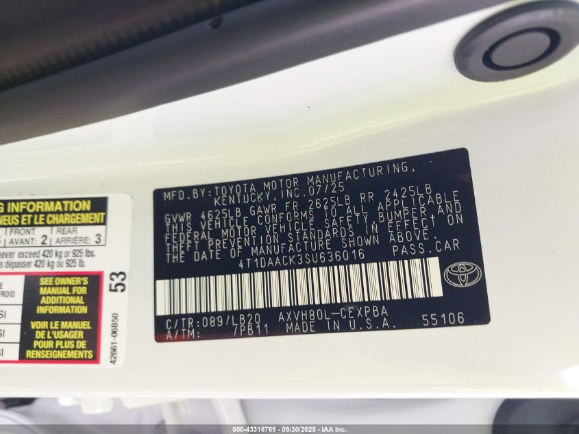 2025 Toyota Camry Xse VIN: 4T1DAACK3SU636016 Lot: 43318769