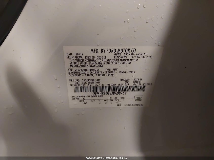 2018 Ford Flex Limited VIN: 2FMHK6DT3JBA08769 Lot: 43318778