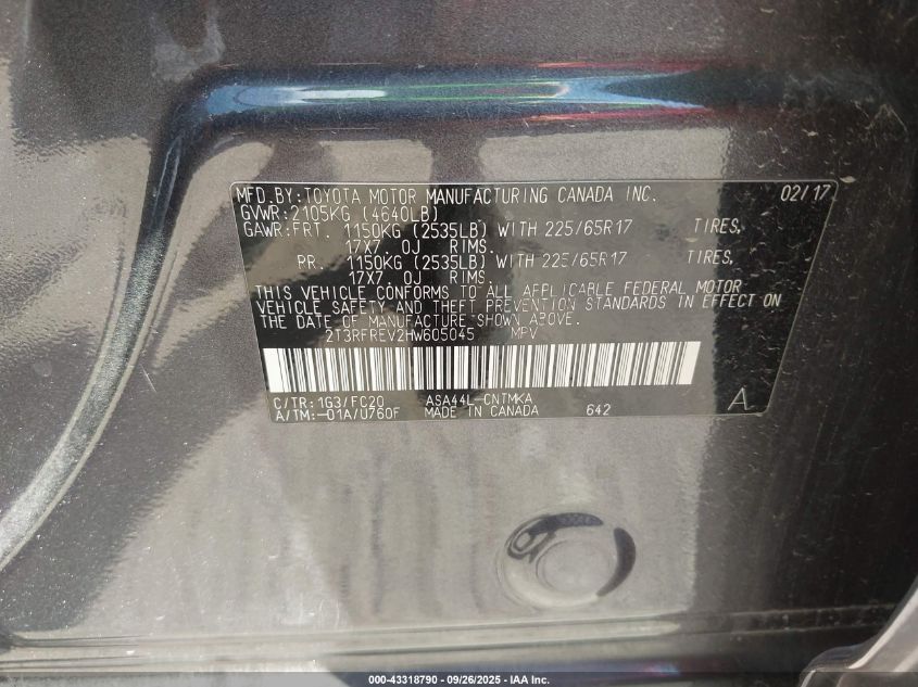 2017 Toyota Rav4 Xle VIN: 2T3RFREV2HW605045 Lot: 43318790