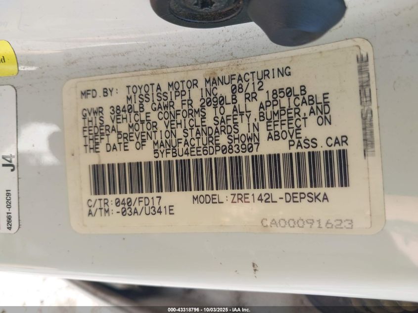 2013 Toyota Corolla S VIN: 5YFBU4EE6DP083907 Lot: 43318796