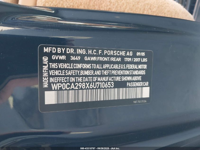 2006 Porsche Boxster VIN: WP0CA298X6U710653 Lot: 43318797