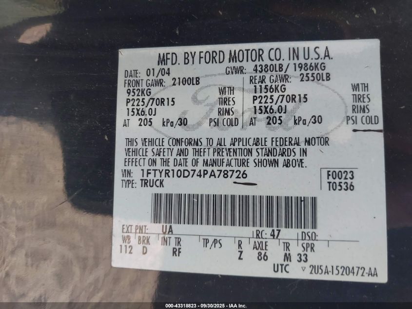 2004 Ford Ranger Xl/Xlt VIN: 1FTYR10D74PA78726 Lot: 43318823