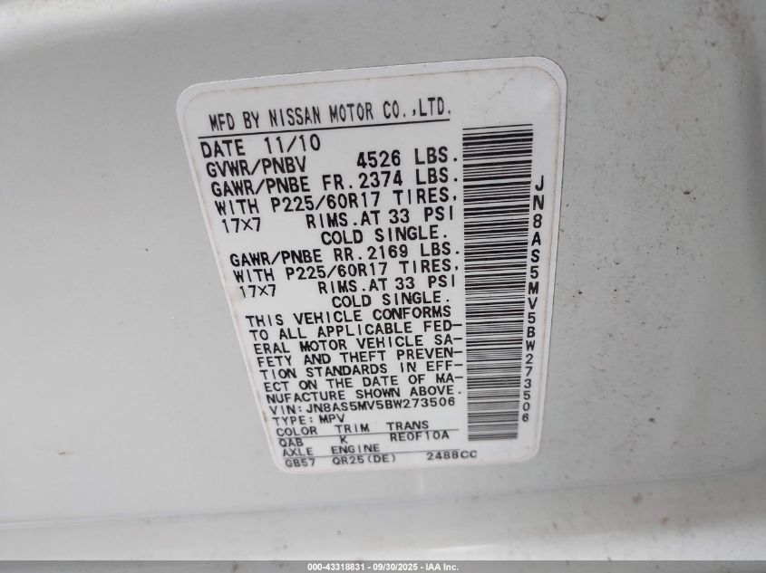 2011 Nissan Rogue Sv VIN: JN8AS5MV5BW273506 Lot: 43318831