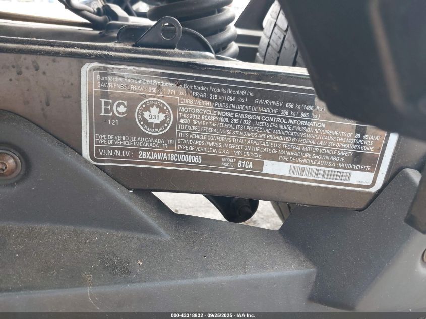 2012 Can-Am Spyder Roadster Rs-S VIN: 2BXJAWA18CV000065 Lot: 43318832