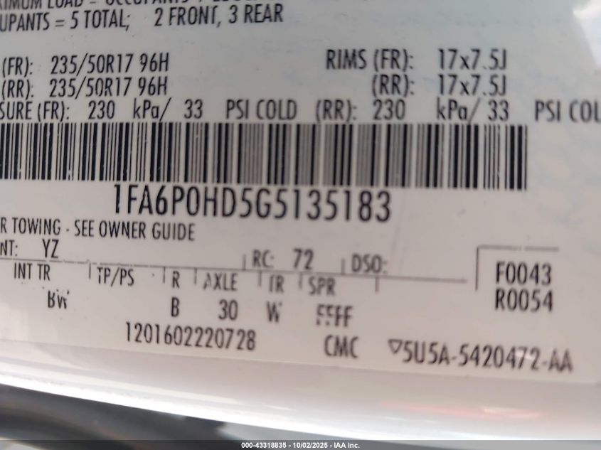 2016 Ford Fusion Se VIN: 1FA6P0HD5G5135183 Lot: 43318835