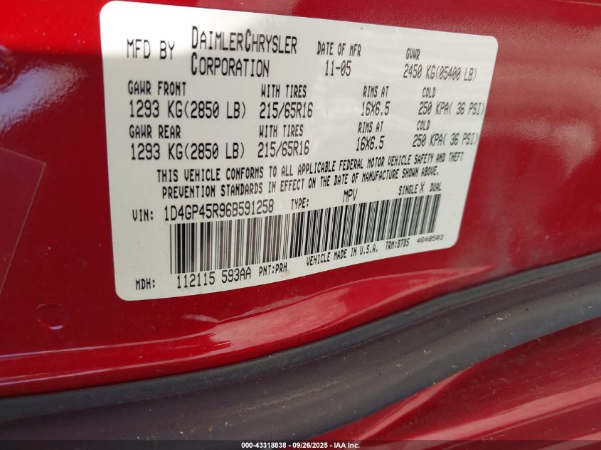 2006 Dodge Caravan Sxt VIN: 1D4GP45R96B591258 Lot: 43318838