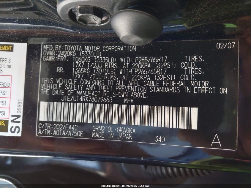 2007 Toyota 4Runner Sr5 V6 VIN: JTEZU14RX78079663 Lot: 43318869