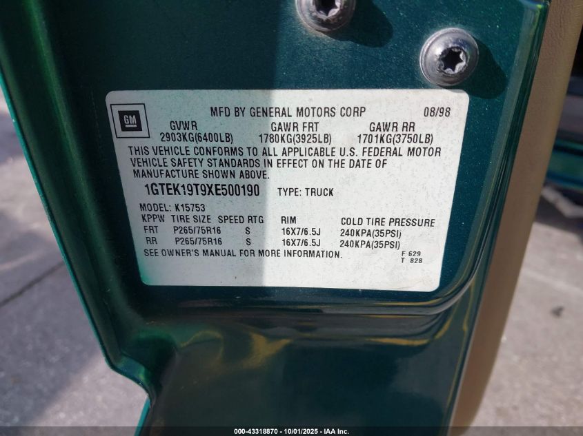 1999 GMC Sierra 1500 Sle VIN: 1GTEK19T9XE500190 Lot: 43318870
