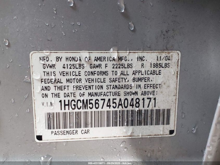 2005 Honda Accord 2.4 Ex VIN: 1HGCM56745A048171 Lot: 43318871