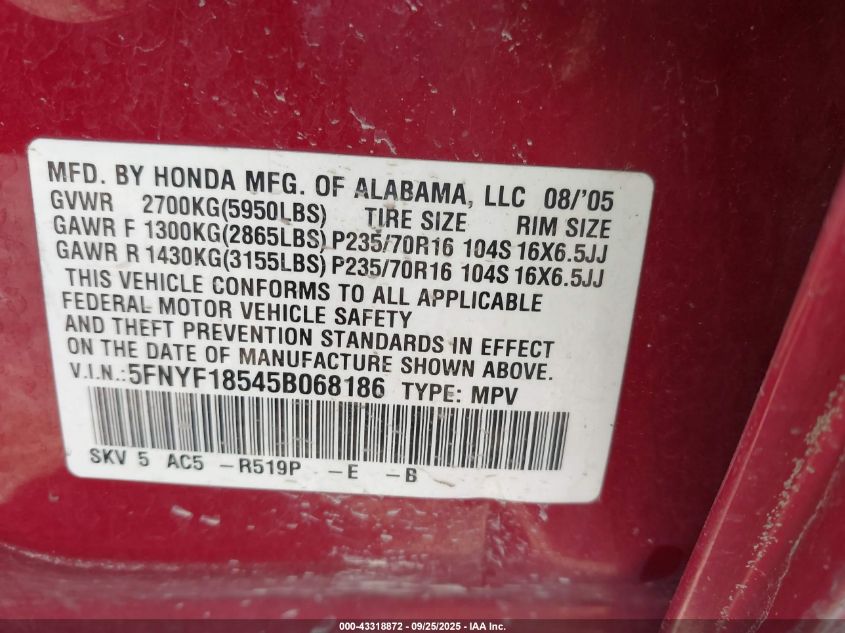 2005 Honda Pilot Ex-L VIN: 5FNYF18545B068186 Lot: 43318872