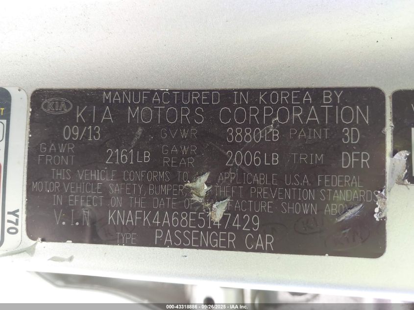 2014 Kia Forte Lx VIN: KNAFK4A68E5147429 Lot: 43318886