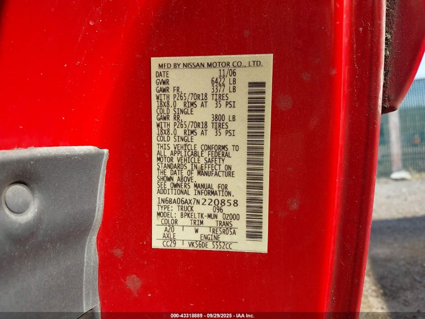 2007 Nissan Titan Se VIN: 1N6BA06AX7N220858 Lot: 43318889