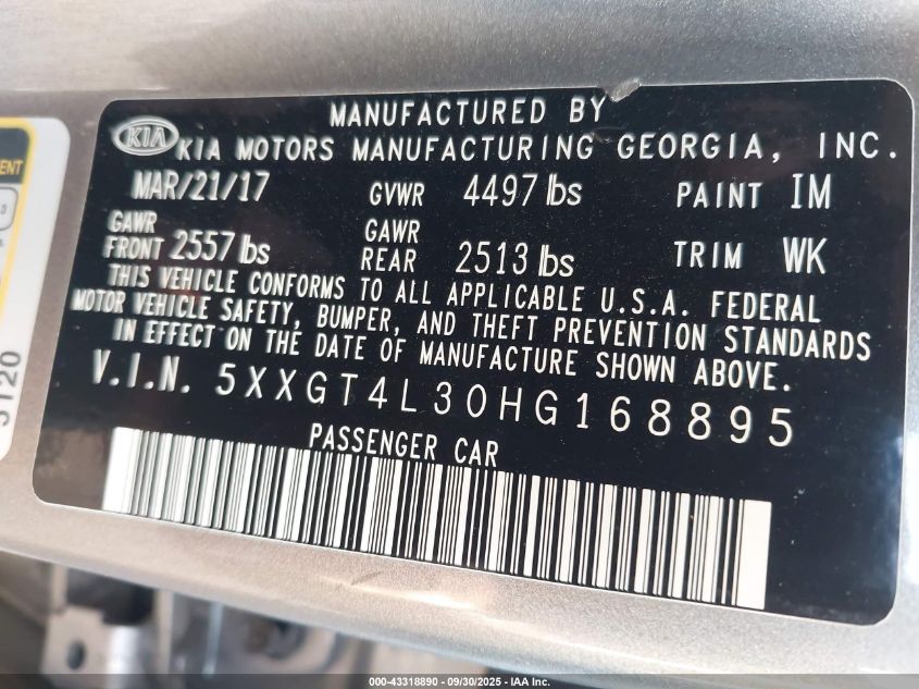 2017 Kia Optima Lx VIN: 5XXGT4L30HG168895 Lot: 43318890
