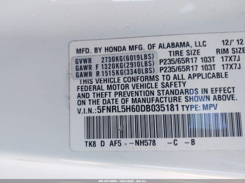 2013 Honda Odyssey Ex-L VIN: 5FNRL5H60DB035181 Lot: 43318894